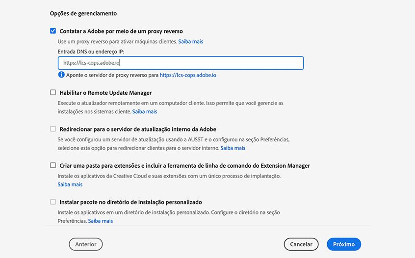 Opções de gerenciamento