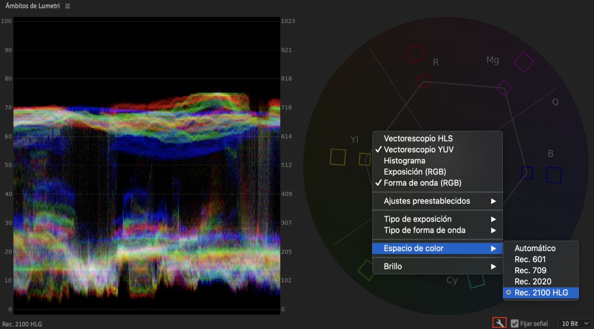 Cambiar manualmente el espacio de color en Lumetri Scopes