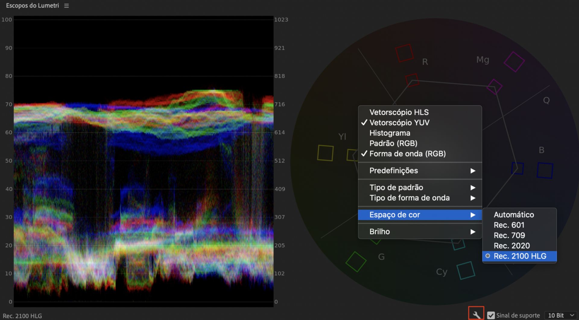 Alterar manualmente o espaço de cores em Escopos Lumetri