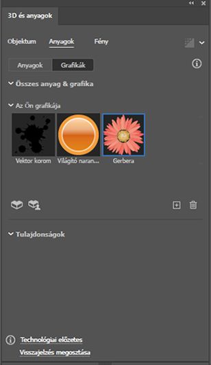 Megjeleníti a grafikák listáját a 3D és anyagok panelen