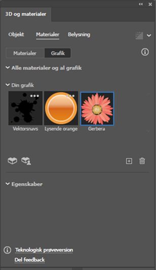Viser en liste over din grafik i panelet 3D og materialer