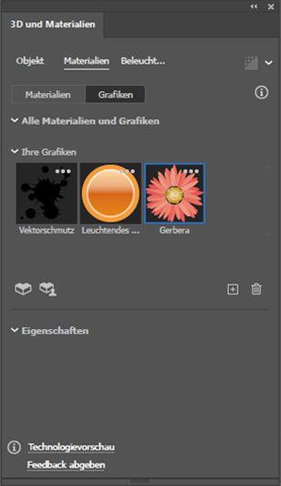 Zeigt eine Liste Ihrer Grafiken im Bedienfeld „3D und Materialien“ an