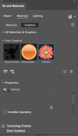 يعرض قائمة برسوماتك في لوحة 3D and Materials