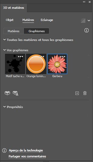 Affiche la liste de vos graphismes dans le panneau 3D et matières