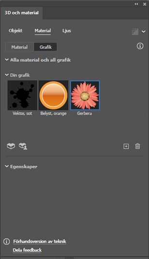 Visar en lista med din grafik på panelen 3D och material