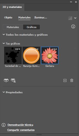 Muestra una lista de los gráficos en el panel 3D y materiales