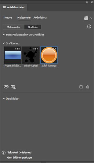 3D ve Malzemeler panelinde yer alan Grafikleriniz listesini gösterir