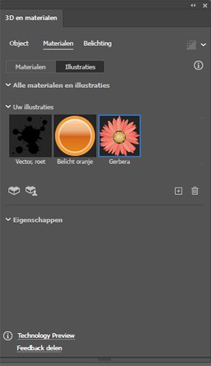 Hiermee wordt een lijst met afbeeldingen weergegeven in het deelvenster 3D en materiaal
