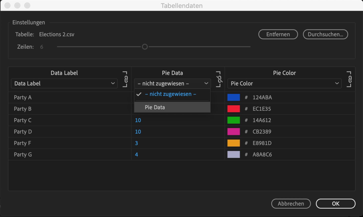 Zugeordnete Tabellendaten und Tabellendaten mit aufgehobener Zuordnung