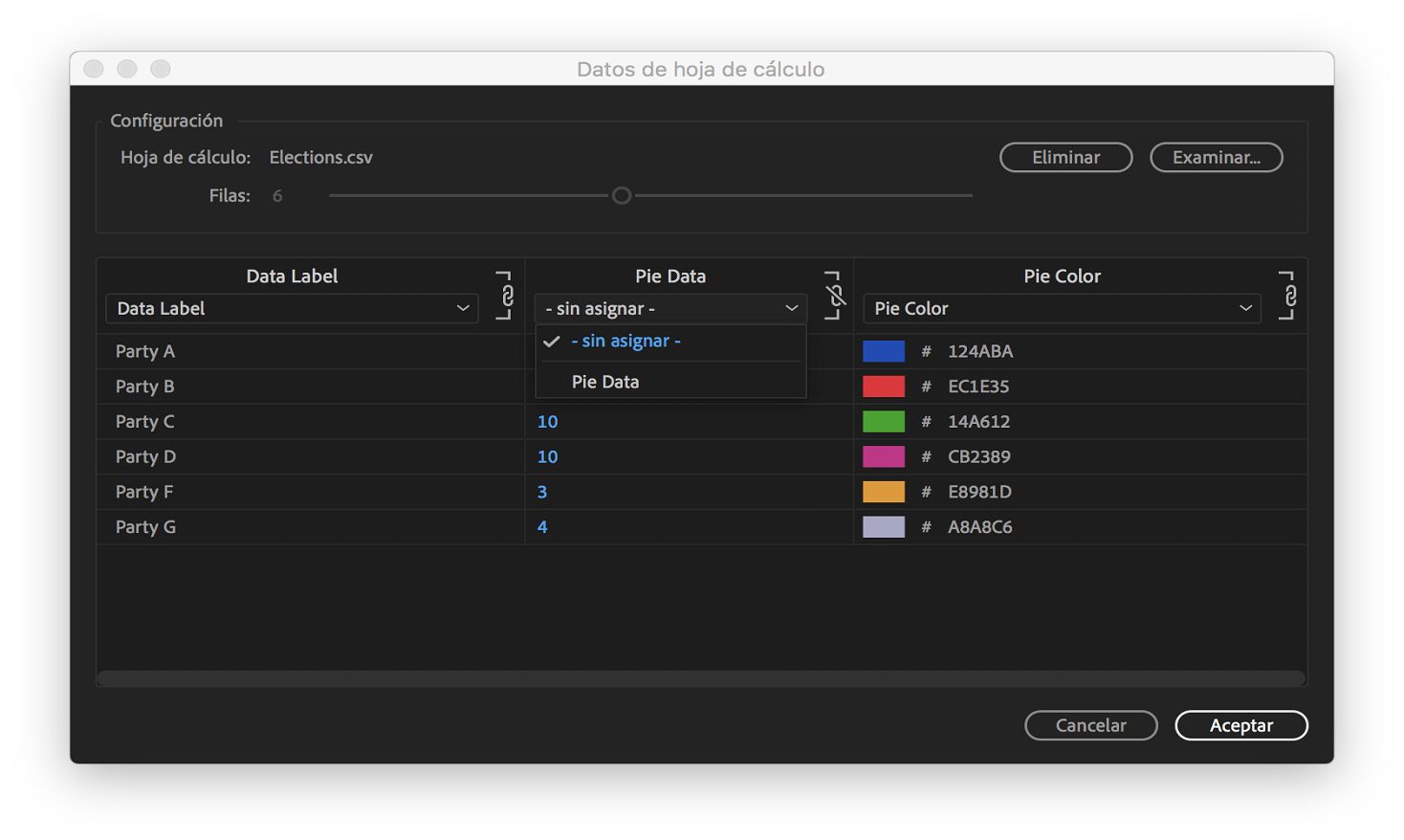Datos de hoja de cálculo asignados y sin asignar