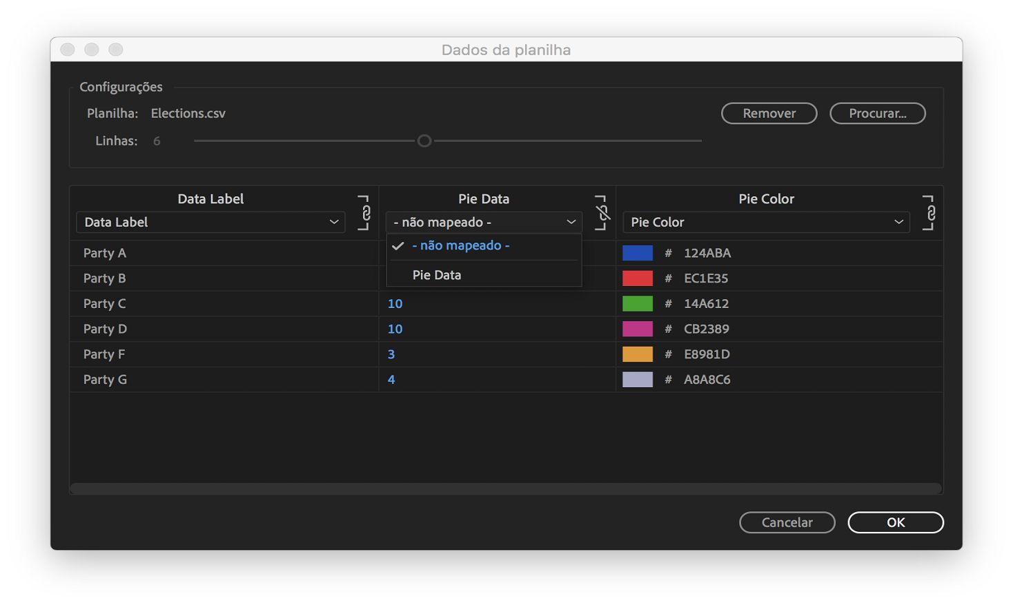 Dados de planilha mapeados e não mapeados