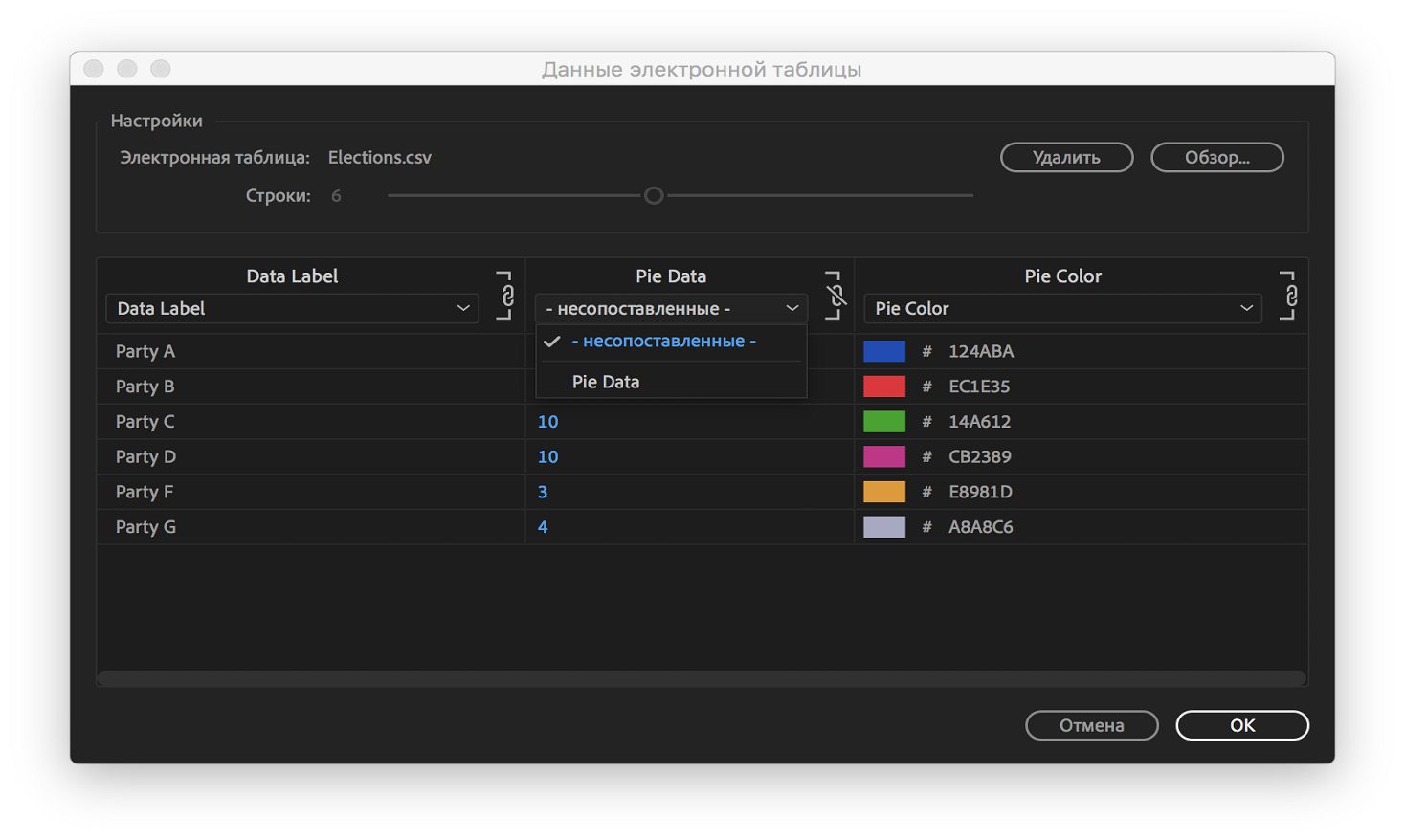 Сопоставленные и несопоставленные данные из таблицы