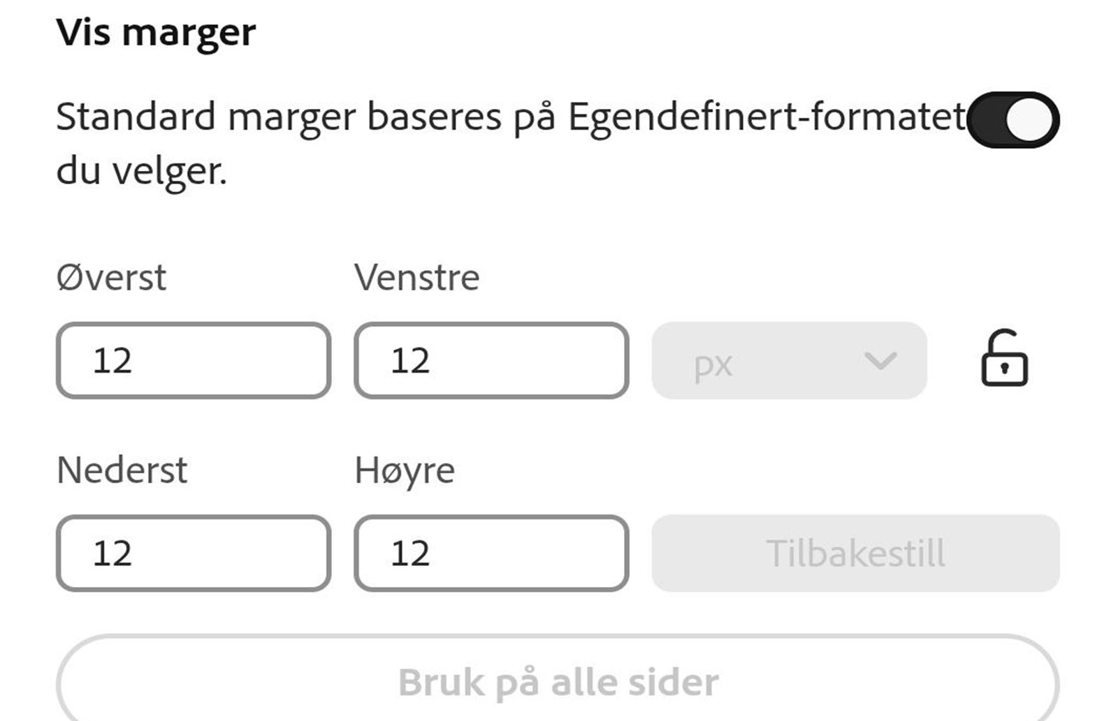 Vis Innstillinger-panelet for marger med en aktivert veksleknapp, som viser redigerbare felt for øvre, venstre, nedre og høyre marger satt til 12 px, sammen med lås-, tilbakestill- og bruk-på-alle-sider-alternativer.