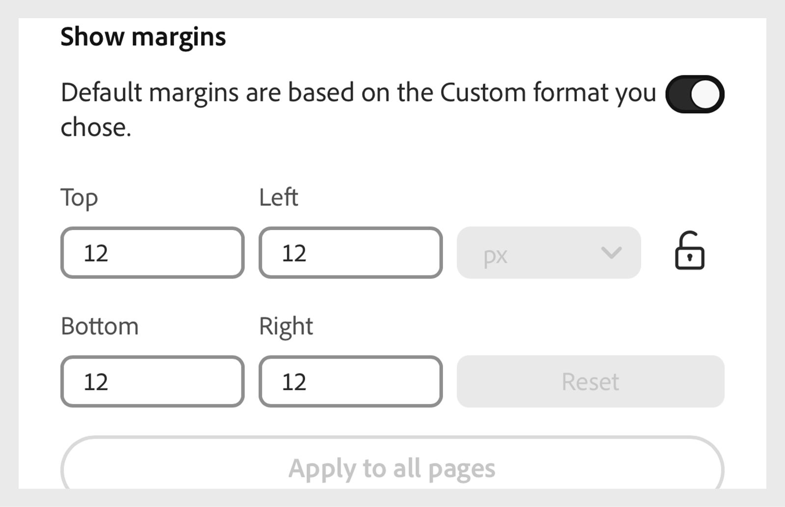 Mostra il pannello Impostazioni margini con un pulsante di attivazione/disattivazione abilitato, che visualizza campi modificabili per i margini superiore, sinistro, inferiore e destro impostati su 12 px, insieme alle opzioni di blocco, ripristino e applica a tutte le pagine.
