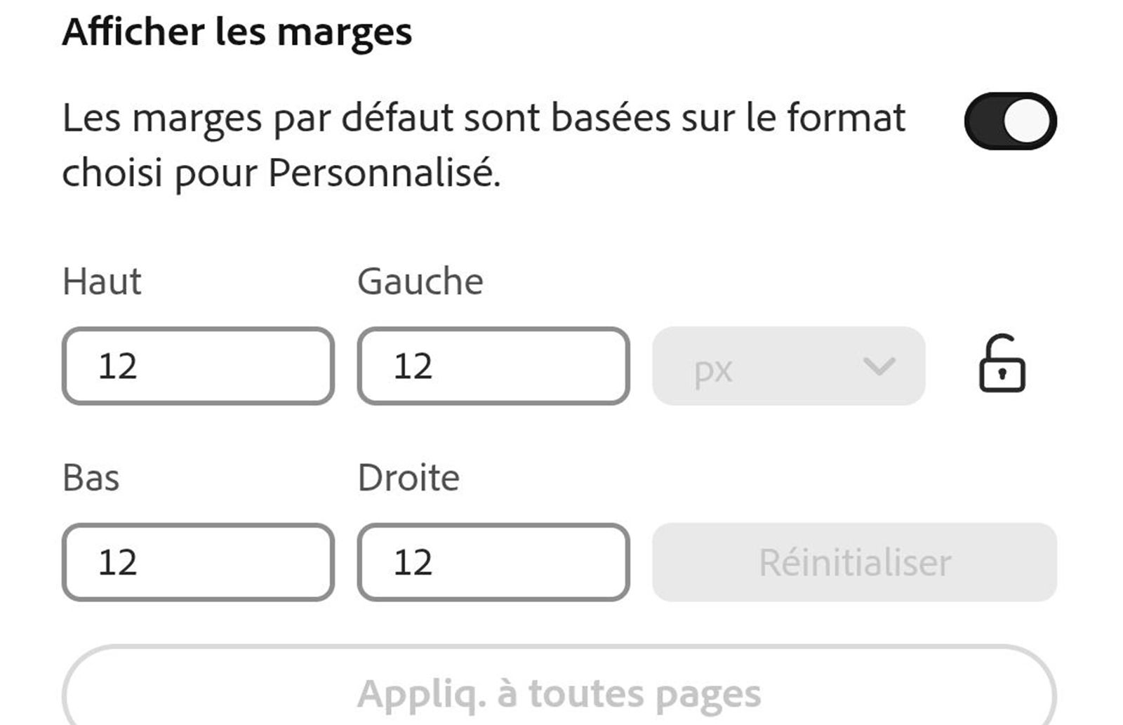 Écran des paramètres Afficher les marges avec un bouton bascule activé, montrant des champs modifiables pour les marges Haut, Gauche, Bas et Droite définies sur 12 pixels, ainsi que les options de verrouillage, de réinitialisation et d’application à toutes les pages.