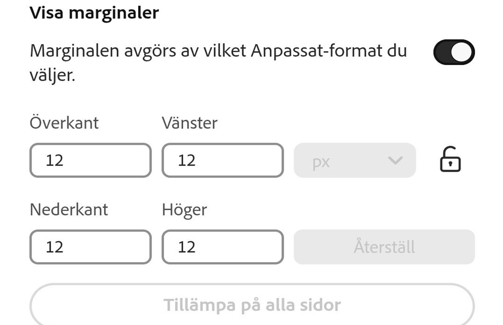 Visa inställningspanelen för marginaler med en aktiverad växlingsknapp som visar redigerbara fält för övre, vänstra, nedre och högra marginaler angivna till 12 px, tillsammans med alternativ för lås, återställ och tillämpa på alla sidor.