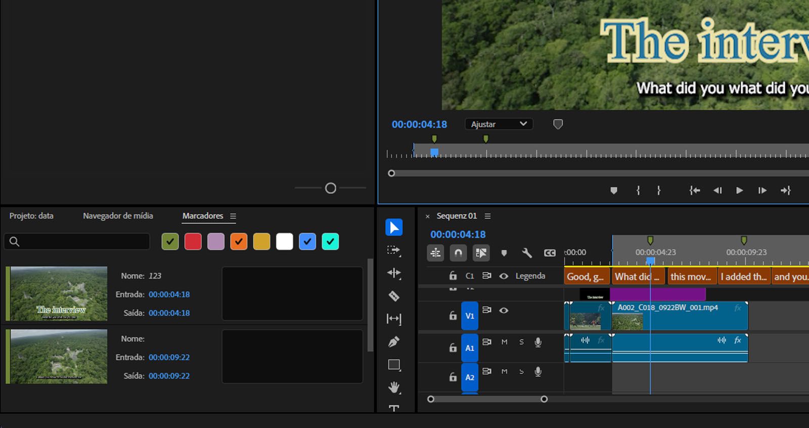 O painel “Marcadores” aberto, exibindo os pontos de entrada e saída definidos dos marcadores.