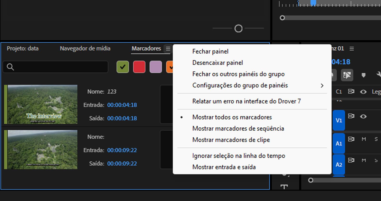 O painel “Marcadores” aberto com a opção “Mostrar todos os marcadores” selecionada. 