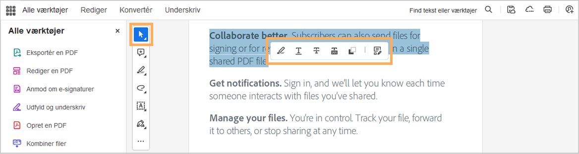 Opmærkningsværktøjer i Adobe Acrobat til computer