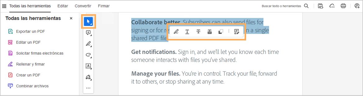 Herramientas de marcado en Adobe Acrobat para equipos de escritorio