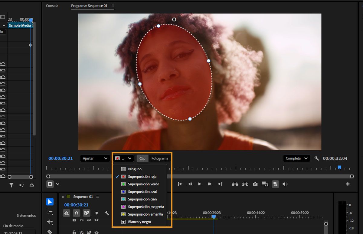 Menú desplegable que muestra las options de superposición de máscara, incluyendo Ninguna, Rojo, Verde, Azul, Cian, Magenta, Amarillo y Blanco y Negro.