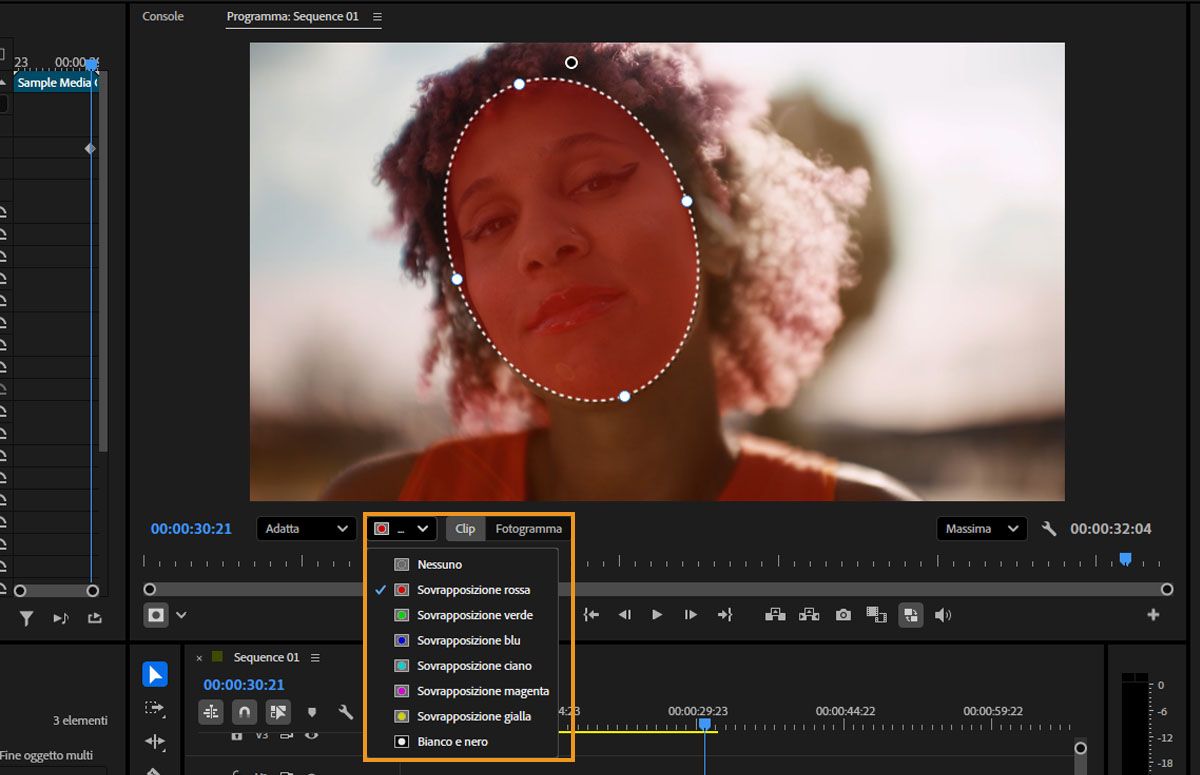 Menu a discesa che mostra le options della sovrapposizione maschera, inclusi Nessuna, Rosso, Verde, Blu, Ciano, Magenta, Giallo e Bianco e nero.