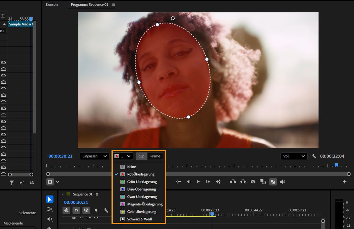 Dropdown-Menü mit Optionen für die Maskenüberlagerung, einschließlich „Ohne“, „Rot“, „Grün“, „Blau“, „Cyan“, „Magenta“, „Gelb“ und „Schwarz & Weiß“.