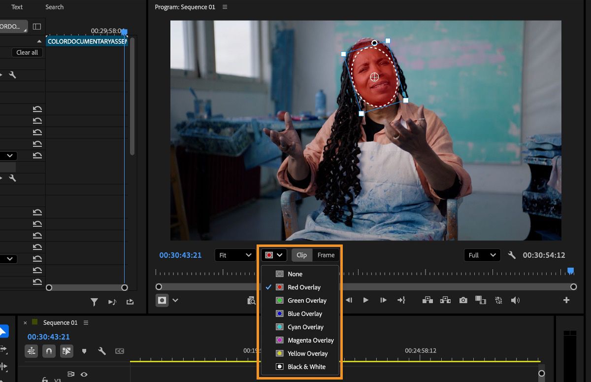 Dropdown menu showing mask overlay options, including None, Red, Green, Blue, Cyan, Magenta, Yellow, and Black & White.