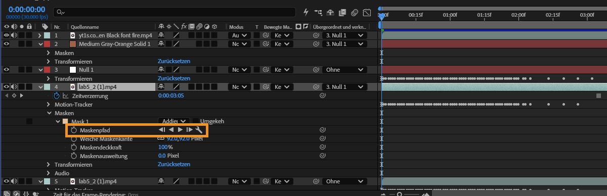 Das After Effects-Zeitleisten-Bedienfeld zeigt den unter Maske 1 ausgewählten Maskenpfad mit den in der Eigenschaftenzeile hervorgehobenen Masken-Tracking-Wiedergabesteuerungen.