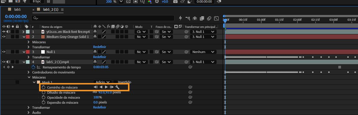 O painel Linha do Tempo do After Effects mostrando Caminho da Máscara selecionado em Máscara 1, com os controles de reprodução de rastreamento da máscara destacados na linha de propriedades.
