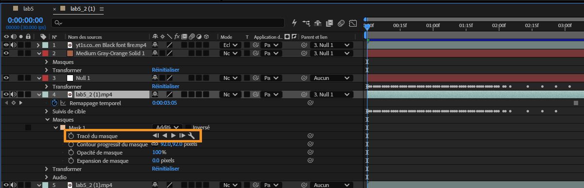 Le panneau Chronologie d'After Effects montrant Chemin de masque sélectionné sous Masque 1, avec les contrôles de lecture du suivi de masque mis en évidence dans la ligne des propriétés.