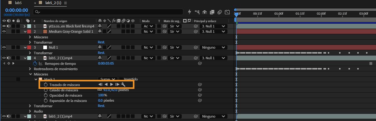 El panel Cronología de After Effects que muestra Ruta de máscara seleccionada bajo Máscara 1, con los controles de reproducción de seguimiento de máscara resaltados en la fila de propiedades.