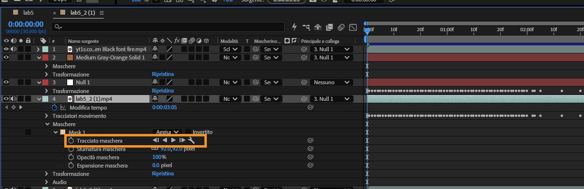 Il pannello Timeline di After Effects che mostra Mask Path selezionato sotto Mask 1, con i controlli di riproduzione del tracciamento della maschera evidenziati nella riga delle proprietà.
