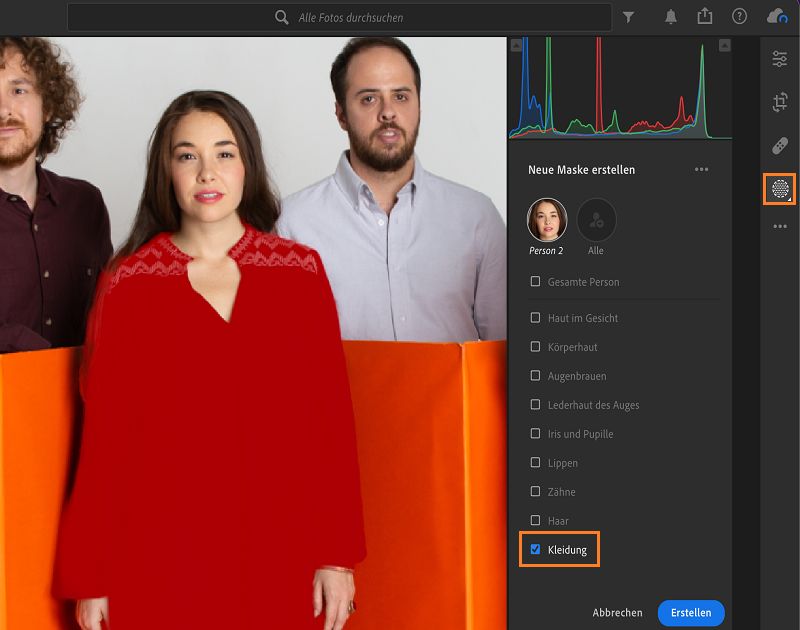 Auswahl „Kleidung“ in der Personenmaske