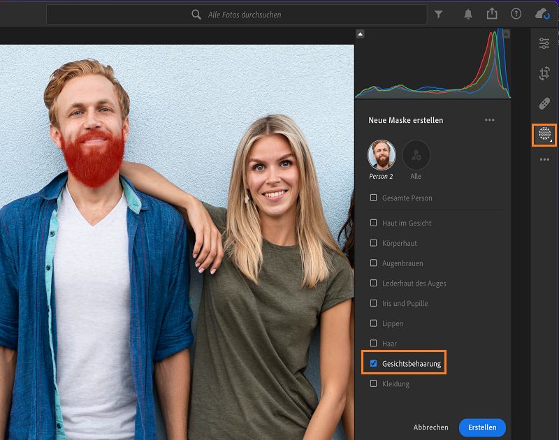 Auswahl „Gesichtsbehaarung“ in der Personenmaske