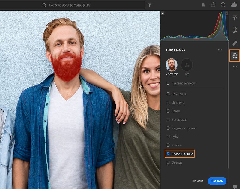 Выделение волос на лице в маске «Люди»