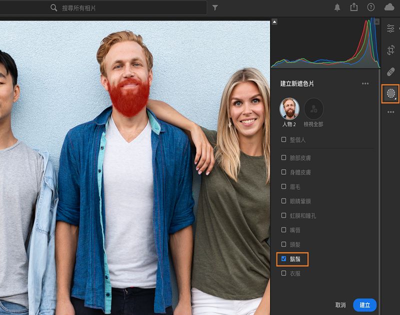 「人物」遮色片中的「鬍鬚」選取範圍