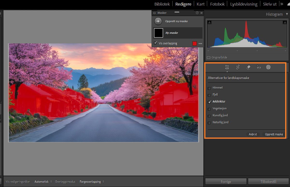 Marker landskap-maske brukes på arkitekturen i bildet.