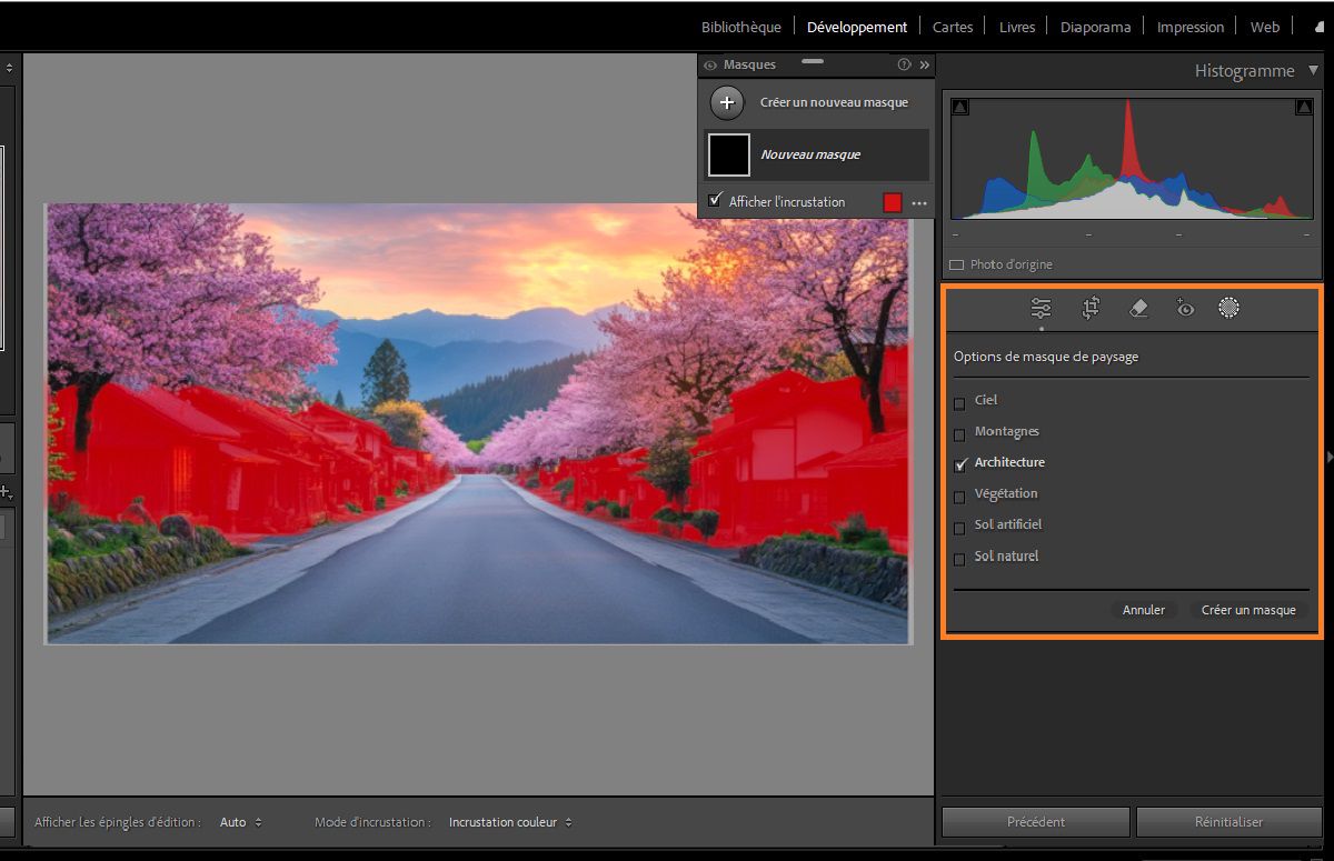 le masque sélectionner le paysage est appliqué à l’architecture de la photo.