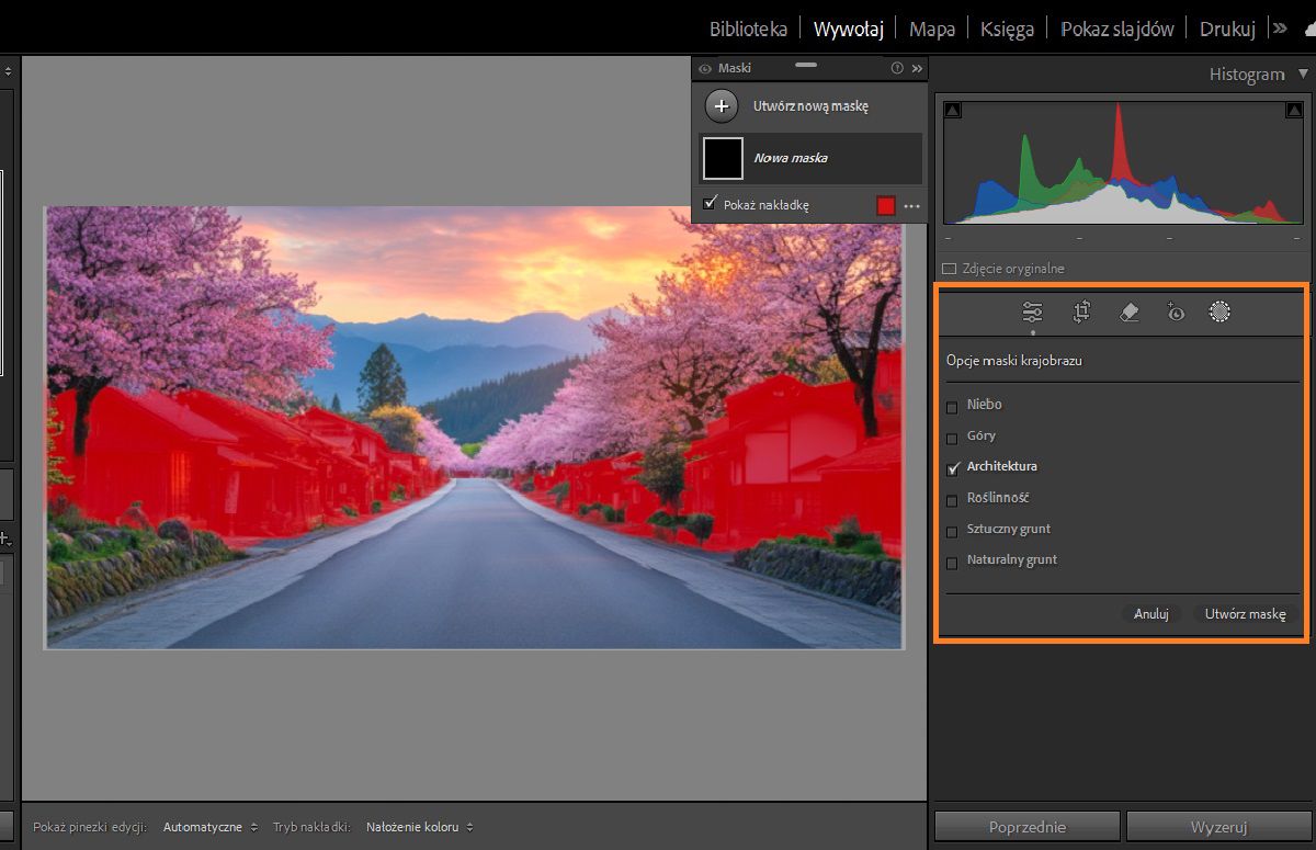 maska Wybierz krajobraz zostanie zastosowana do architektury na zdjęciu.