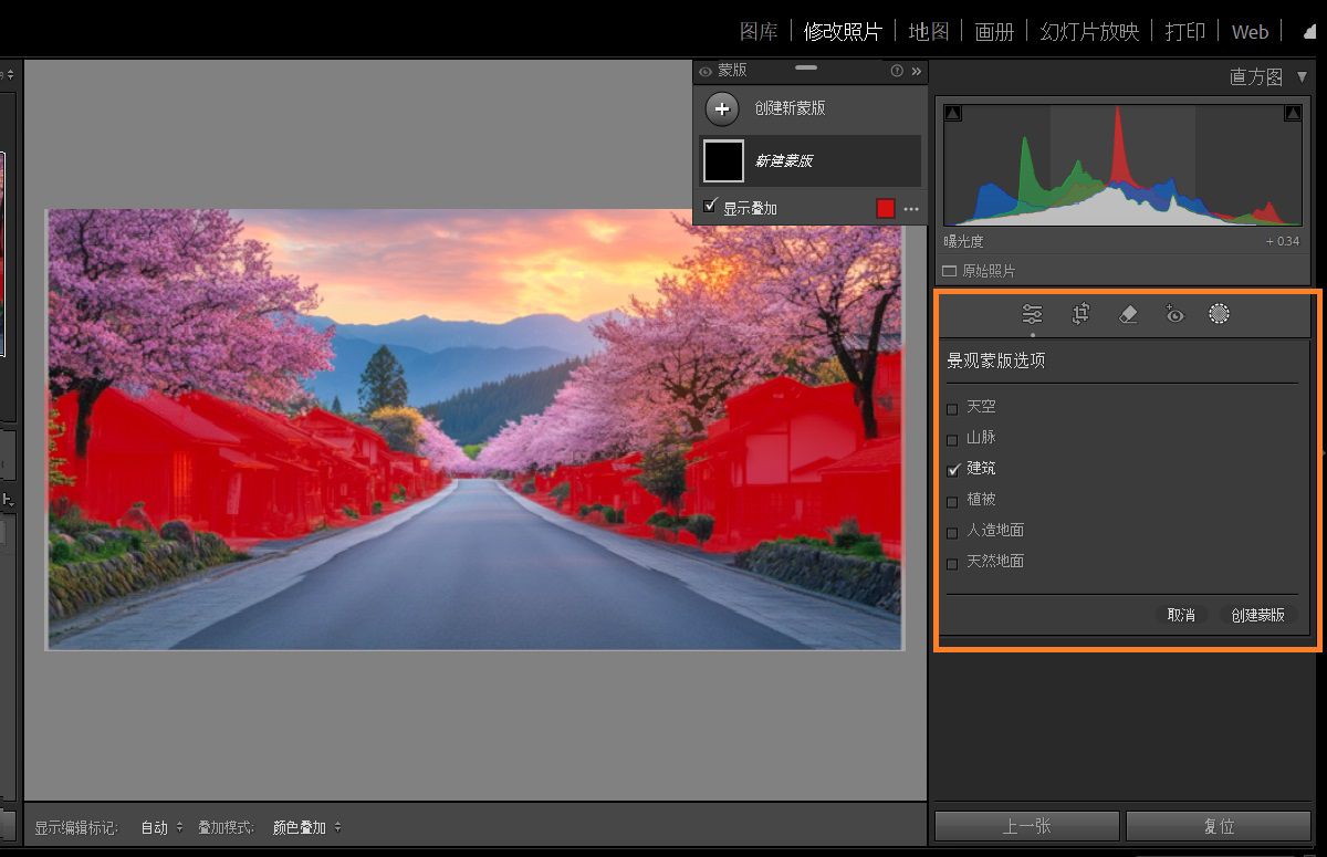 将选择风景蒙版应用于照片中的建筑。