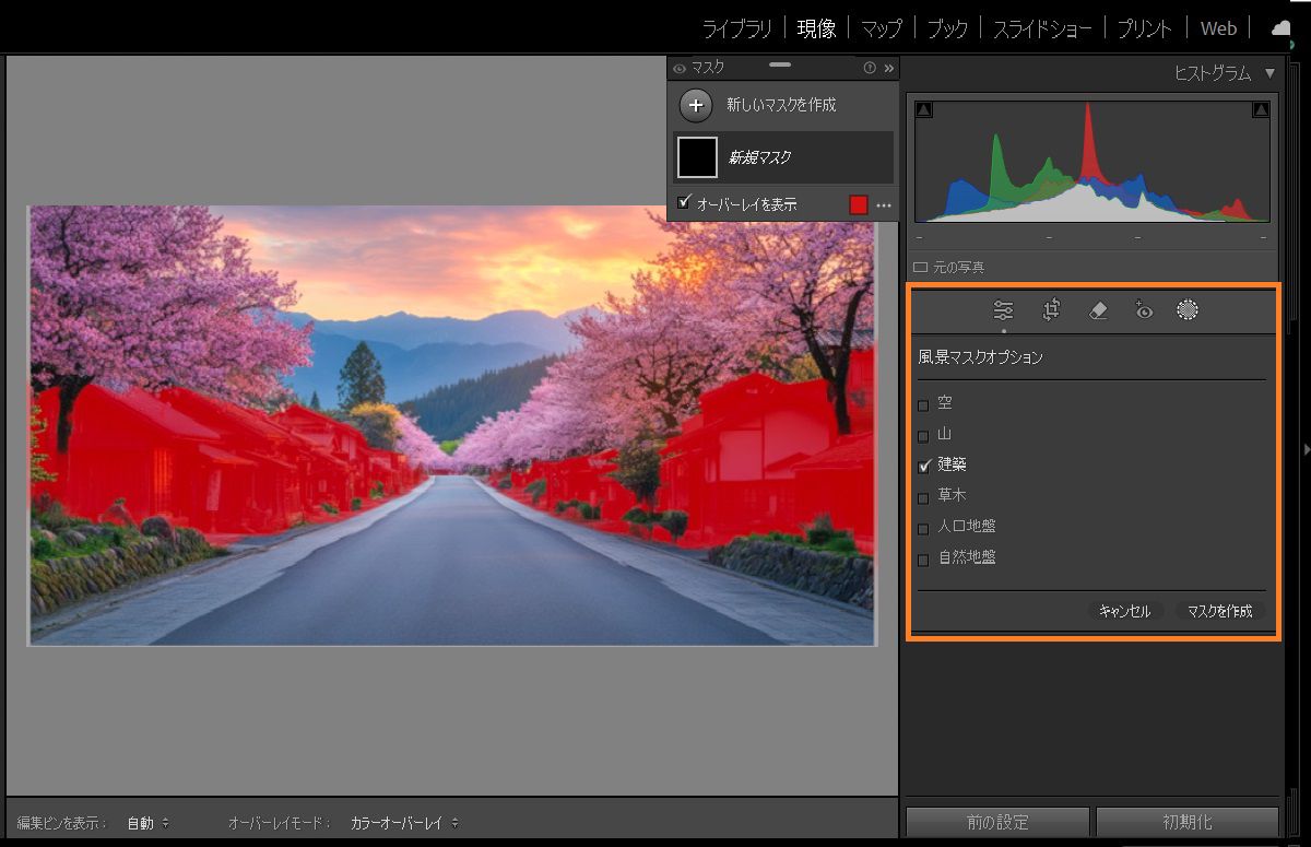 選択した風景マスクが写真内の建築に適用されます。