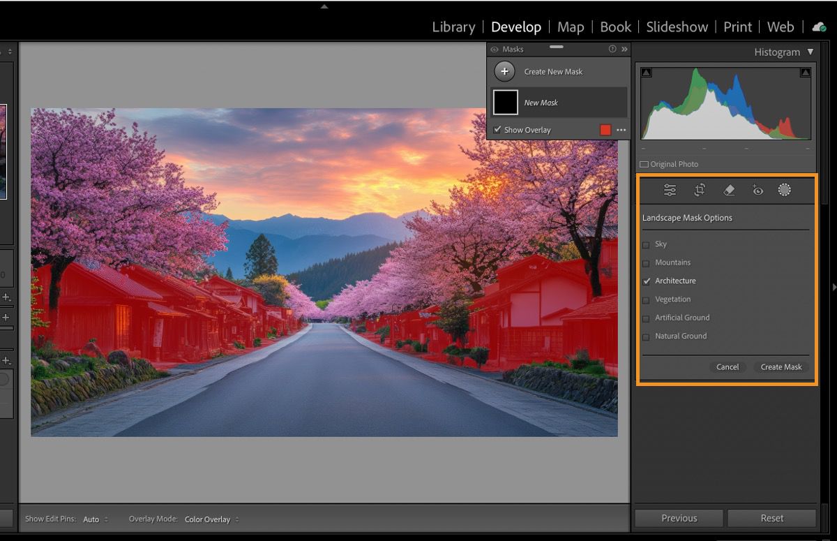 select landscape mask is applied to the architecture in the photo.