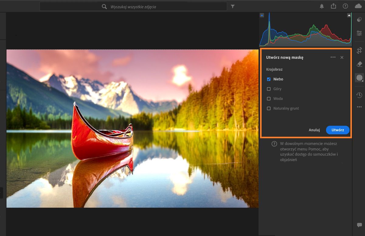 Maska Wybierz krajobraz zostanie zastosowana do nieba na zdjęciu.