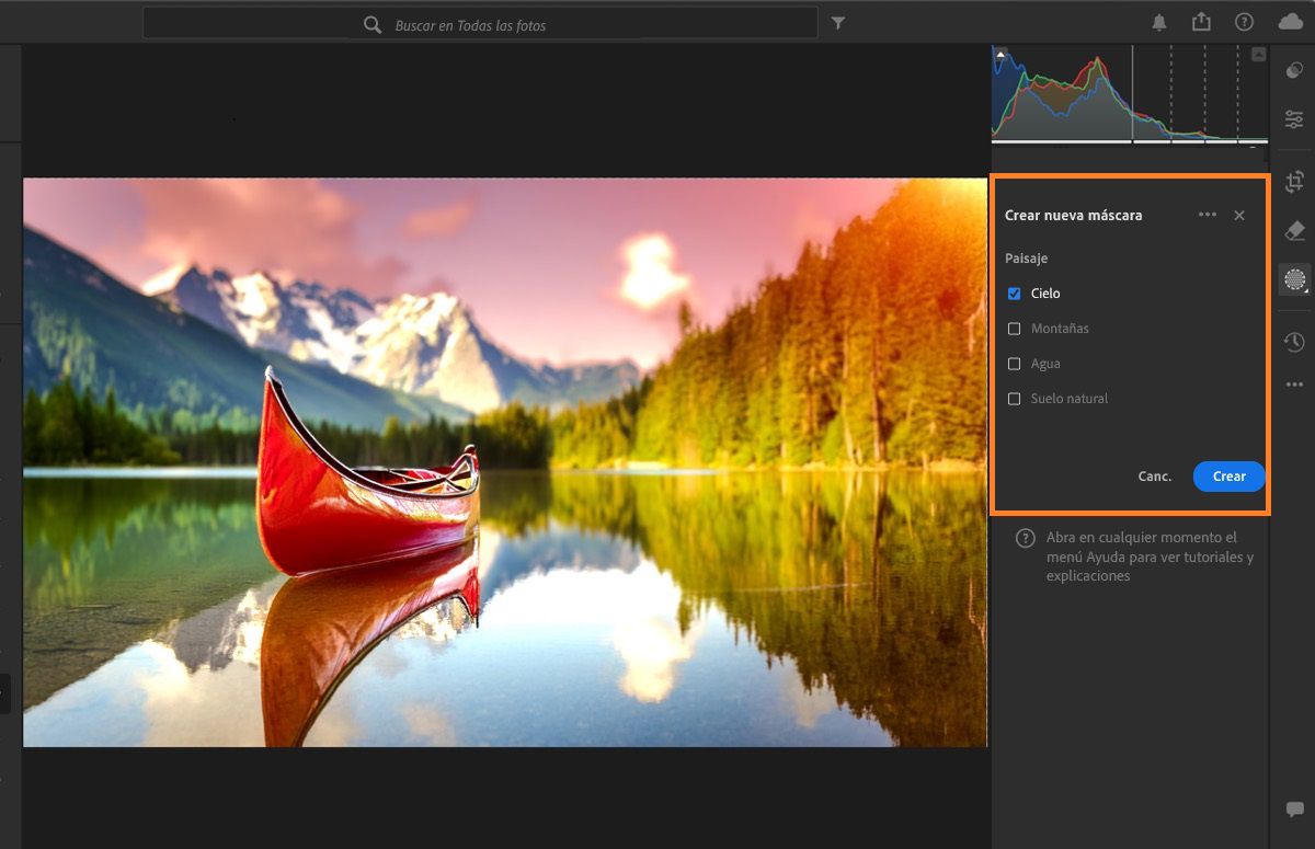 La máscara Seleccionar paisaje se aplica al cielo de la fotografía.