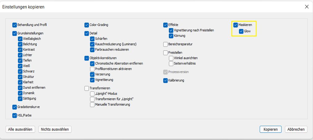 Kopiereinstellungen für die Maskierung