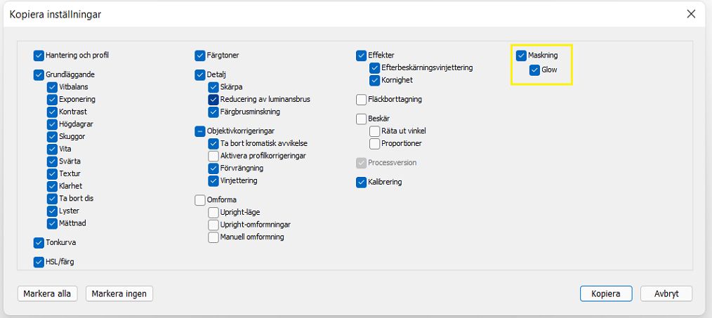 Inställningar för kopiering av maskering