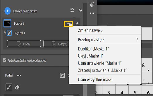 Menu Maskowanie z trzema kropkami w programie Camera Raw