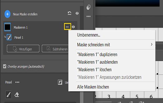 Das Maskierungsmenü mit drei Punkten in Camera Raw