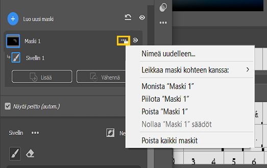 Kolmen pisteen kuvakkeesta avautuva maskivalikko Camera Raw’ssa